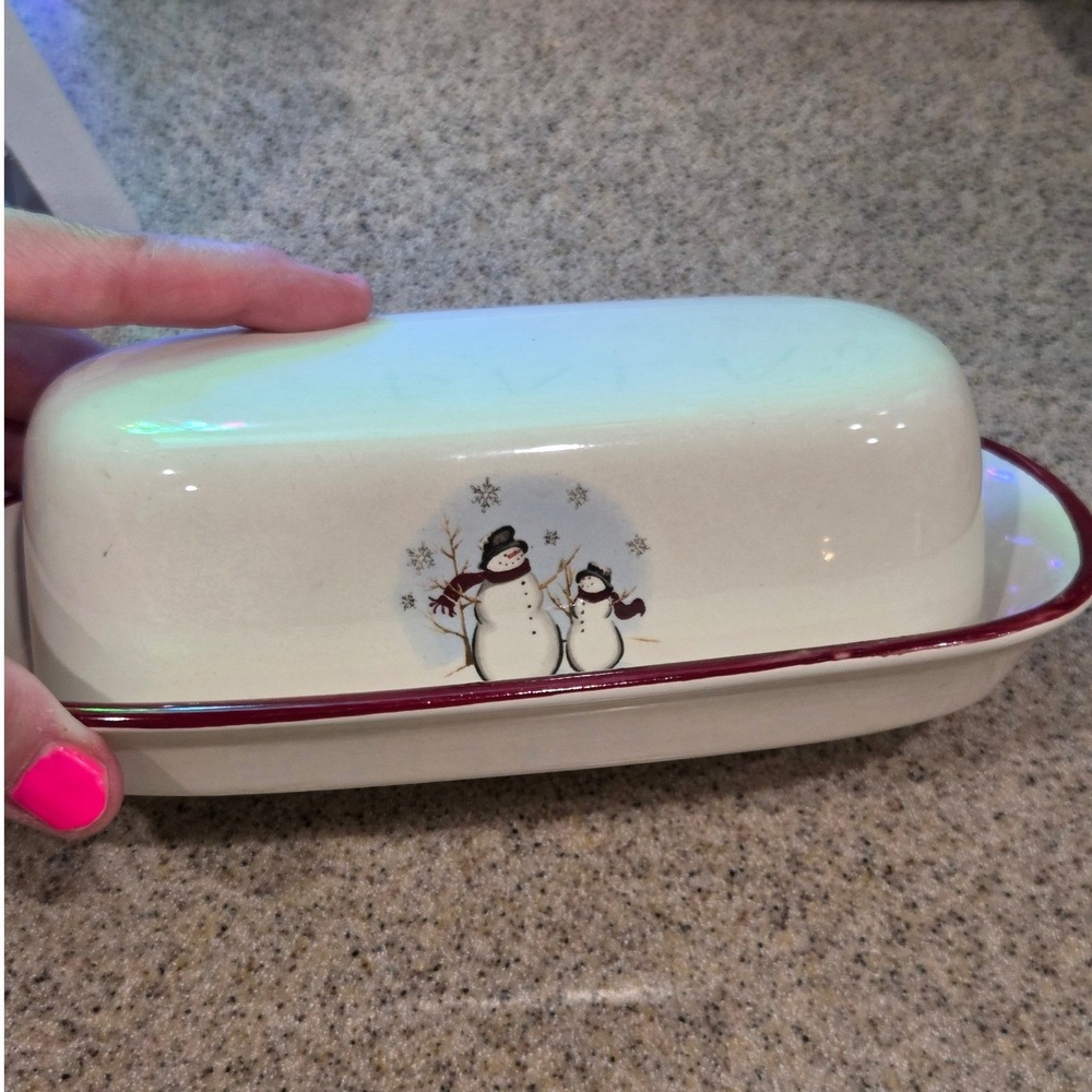 Snowman Family Ceramic Butter Dish with Lid Red Trim Winter Holiday Decor